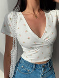 Wenkouban-Summer French retro floral V-neck short-sleeved T-shirt Slim slimming wild high waist T-shirt women's top