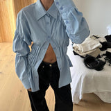 Wenkouban-y2k outfits retro design Ladies Fashion Classic Shirt Scrunched Button Up Long Sleeve Blouse Tops Women Chic Vintage Turn Down Collar T-shirt High Street