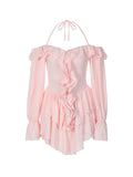 Wenkouban-Christmas Thanksgiving Gift New Year's Eve Dress Solid Halter Ruffled Trim Mini Dress