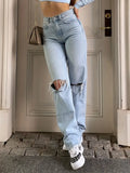 Wenkouban Light blue 2000s Y2k boyfriend jeans with ripped design