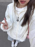 Wenkouban Women's Windbreaker Beige Zipper Jackets 2024 Summer Casual Lightweight Transparent Hooded Jackets Loose Korean Fashion