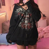 Wenkouban-y2k outfits retro design Indie Grunge Graphic Print Zip Up Hoodie Y2K Vintage Clothes Harajuku Grunge Baggy Sweatshirt Korean Kawaii Goth Mall Emo Jacket