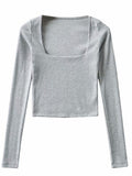 Wenkouban-Women Cotton Ribbed Square Neck Crop Top With Long Sleeve