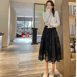 Wenkouban-swaggy outfits back to school outfits Spring Summer Vestido Floral Embroidery Lace Skirt Women Korean Fashion Cute Fairy High Waist A-Line Midi Long Skirts Ladies