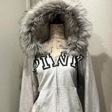 Wenkouban-Retro Fur Collar Letter Print Gray Zipper Hoodie Women Autumn Winter Streetwear Loose Casual Everyday Harajuku Street Y2K Tops