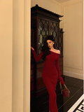 Wenkouban-2025 dress to impress party dress nye outfits Red Off Shoulder Knit Dress Party Dress YM1669