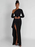 Wenkouban Oblique Shoulder Thigh High Split Maxi Dress Women Long Sleeve Backless Bodycon Sexy Club Party Long Dress Vestidos-Christmas Outfit