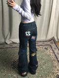 Wenkouban Y2k Graphic Cargo Jeans Women Harajuku Grunge Low Waist Denim Trouser Vintage High Street Aesthetic Japanese 2000s Jeans