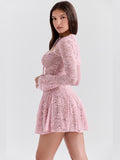 Wenkouban Lace Flare Long Sleeve Sexy Mini Dress For Women Robe Autumn New Pink O Neck A-line High Waist Pleated Dress Elegant-Christmas Outfit