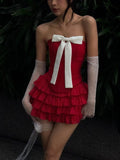 Wenkouban-Christmas Thanksgiving Gift New Year's Eve Dress party look inspos back to school dress  Bow Tiered Ruffle Strapless Mini Dress