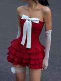 Wenkouban-Christmas Thanksgiving Gift New Year's Eve Dress party look inspos back to school dress  Bow Tiered Ruffle Strapless Mini Dress