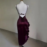 Wenkouban-Christmas Thanksgiving Gift New Year's Eve Dress party look inspos back to school dress  Burgundy Ruffled High Slit Ruched Bust Dress