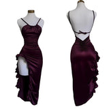 Wenkouban-Christmas Thanksgiving Gift New Year's Eve Dress party look inspos back to school dress  Burgundy Ruffled High Slit Ruched Bust Dress