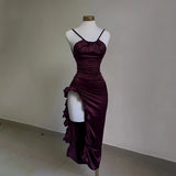 Wenkouban-Christmas Thanksgiving Gift New Year's Eve Dress party look inspos back to school dress  Burgundy Ruffled High Slit Ruched Bust Dress