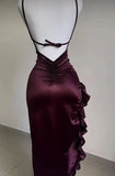 Wenkouban-Christmas Thanksgiving Gift New Year's Eve Dress party look inspos back to school dress  Burgundy Ruffled High Slit Ruched Bust Dress