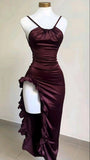 Wenkouban-Christmas Thanksgiving Gift New Year's Eve Dress party look inspos back to school dress  Burgundy Ruffled High Slit Ruched Bust Dress