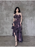 Wenkouban-2025 dress to impress party dress nye outfits Irregular Ruffled Suspender Prom Dress Dark Purple Long Birthday Dress YM1629