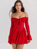 Wenkouban Elegant Strapless Backless Sexy Mini Dress For Women Red Off-shoulder Long Flare Sleeve Pleated Club Party Dress 2024-Christmas Outfit