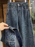 Wenkouban-y2k outfits Valentine's Day gift Retro Leopard Print Denim Pants for Women American Style High Waist Wide Leg Pants Female Leopard Blue Jeans Streetwear