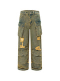 Wenkouban Vintage washed cargo jeans with holes