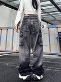 Wenkouban-Y2K High Street Retro Gray Washed Pocket Cargo Jeans Winter Street Hip-hop Hot Girl Heavy Industry Loose Casual Wide Leg Jeans