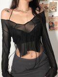 Wenkouban-Sexy Lace Up V Neck Long Sleeve Black T Shirts for Women Female Club Wear Mesh Blouses See Through Crop Tops