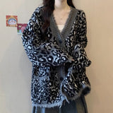 Wenkouban-American Retro Leopard Print Knitted Oversized Cardigan Sweater Women Fashion Streetwear Loose Harajuku Simple Casual Sweater