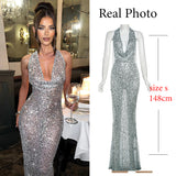 Wenkouban-back to school outfit nye outfit  Halter Sequin Glitter Backless Evening Party Dress Women Robe Elegant Sexy Dress Bodycon Maxi Long Summer Dress Vestido