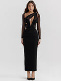 Wenkouban Elegant Hollow Out Bodycon Sexy Maxi Dress For Women Fashion Mesh Sheer Long Sleeve Club Party Sexy Long Dress-Christmas Outfit