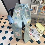 Wenkouban-y2k outfits Valentine's Day gift American Retro Cartoon Dog Jeans Women Spring Autumn High Waist Wide Leg Denim Pants Oversized Straight Loose Full Trousers