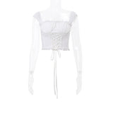 Wenkouban-y2k outfits retro design Fairycore Kawaii Lace Trim Front Tie Up T-shirt French Romatic Square Neck Crop Tops Chic Women Slim Fitted Tees Y2K Streetwear