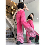 Wenkouban-y2k outfits Valentine's Day gift Gradient Color Pink Jeans for Women American Style High Waist Straight Loose Denim Pants Streetwear  Wide Leg Ripped Holes Jeans