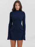 Wenkouban Dark Blue Two Pocket Sexy Mini Dress For Women 2023 Autumn Winter New Long Sleeve Bodycon Club Party Dress Elegant-Christmas Outfit