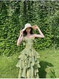 Wenkouban-2025 dress to impress party dress nye outfits Irregular Ruffled Suspender Prom Dress Green Long Birthday Dress YM1628