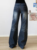 Wenkouban-y2k Outfits christmas outfit Embroidered Rhinestone Washed Low-Rise Flared Jeans