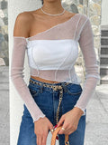 Wenkouban-Solid Color Sparkly Hollow Mesh Slant Shoulder Irregular Collar Sexy Women Crop Top