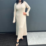 Wenkouban-y2k outfits retro design Women Elegant Ribbed Knit Full Sleeve Maxi Dress Crew Neck Bodycon Pencil Long Dress Tie Waist Dress 90s Vintage Streetwear