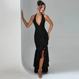 Wenkouban-back to school outfit nye outfit  Halter Backless Elegant Evening Club Party Dress Women 2025 Ruffle Robes Sexy Dress Long Bodycon Summer Dress Vestidos