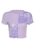 Wenkouban-Chic Crop Tops Tees Tie Dye With Sequin Patchwork Women Summer T-shirts Ruffles Hem Purple Or Bule Clothes