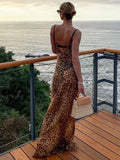 Wenkouban Summer Leopard Sheer Beach Dress Sexy Maxi See Through Backless Lace Up Dress  Elegant Floor Length Holiday Dress Women-nye outfits