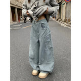 Wenkouban-American Retro Y2K Pocket Striped Baggy Jeans Women Autumn Winter Street Loose Casual Harajuku Fashion High Waist Wide Leg Jeans