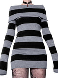 Wenkouban-hoco dresses -Strapless long-sleeved knitted mini dress with stripes- Streetwear y2k outfits Fall Outfits Christmas Thanksgiving Gift New Year's Eve