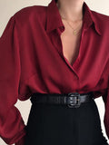 Wenkouban-Women Button Blouses Turn Down Collar Shirts Office Lady Long Sleeve Casual Blouse Loose OL Shirt Baggy Tops Red/Wine Red /Black