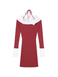 Wenkouban-Christmas Thanksgiving Gift New Year's Eve Dress Halter Contrast Color Off Shoulder Knit Mini Dress