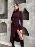 Wenkouban-back to school nye outfits Solid Dresses For Women Fashion Sexy Streetwear Full Sleeves Turtleneck Sheath High Side Split Long Vetisdos Robes Female Slim