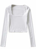 Wenkouban-Women Cotton Ribbed Square Neck Crop Top With Long Sleeve