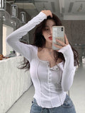 Wenkouban-Black White T Shirt Women Cotton Button Elasticity Slim Long Sleeve 2025 Fall Tops Fashion Korean Style T-shirt Womens Clothing