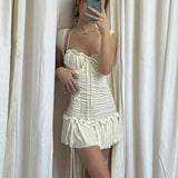 Wenkouban-y2k outfits retro design Vitnage Draped White Mini Dress Y2K Fairycore Shirring Ruffles Sundress Retro Spaghetti Strap Dress Chic Women French Romantic