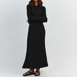 Wenkouban-y2k outfits retro design Women Elegant Ribbed Knit Full Sleeve Maxi Dress Crew Neck Bodycon Pencil Long Dress Tie Waist Dress 90s Vintage Streetwear