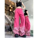 Wenkouban-y2k outfits Valentine's Day gift Gradient Color Pink Jeans for Women American Style High Waist Straight Loose Denim Pants Streetwear  Wide Leg Ripped Holes Jeans